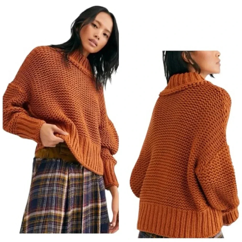 FREE PEOPLE Oversized Cropped Chunky Knit Mock Neck Drop Shoulder Sweater Sz XS
